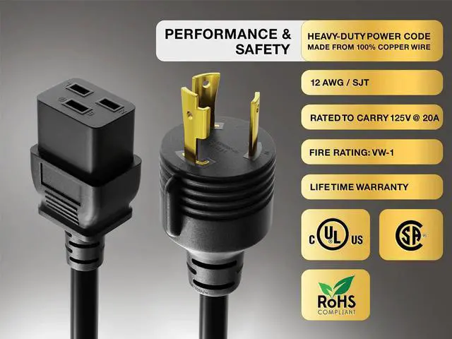 Alt view image 4 of 6 - Cable Leader 6ft NEMA NEMA 5-15P to C13 Heavy Duty Power Cord, 12 AWG SJT 20A/125V, Black - PC, Monitor & Computer AC Power Cord, UL Listed