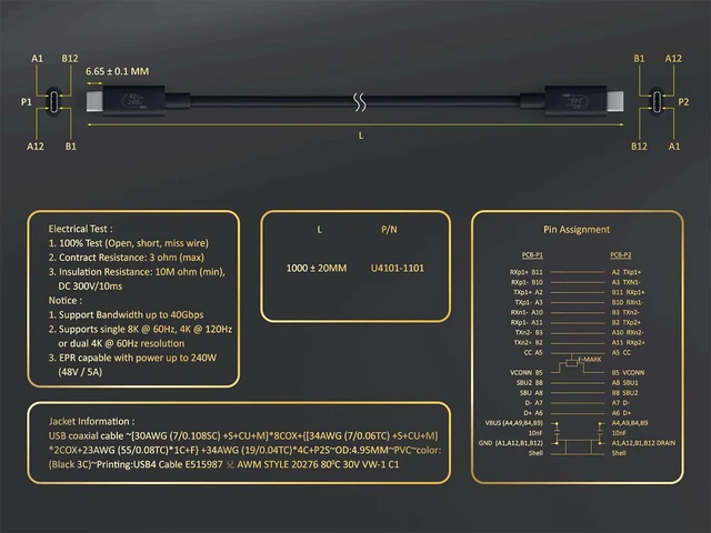 Alt view image 6 of 6 - Cable Leader 3.3ft (1m) USB4 Cable 40Gbps, USB-C to USB-C Gen 3x2 Data Cable, 240W PD 3.1 Fast Charging, 8K Video, E-Marker, Black - for MacBook, Laptop, Docking Station & NVMe SSD