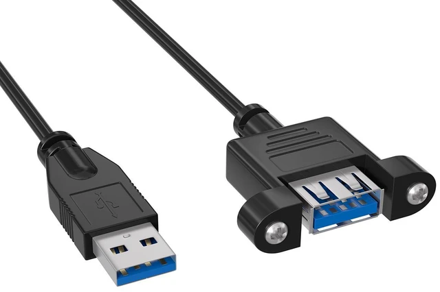 Main image of Cable Leader 8ft USB 3.0 Panel Mount Extension Cable, SuperSpeed Type A Male to Female Cord with Mounting Flange, 5Gbps, Black - for Enclosure, Kiosk, Dashboard & Server Rack