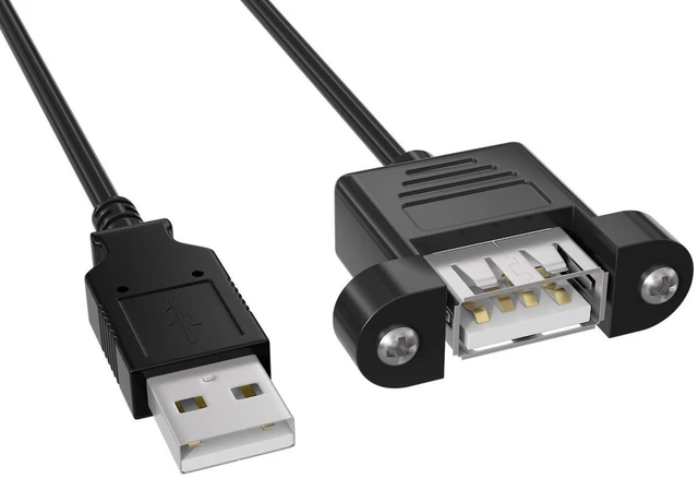 Main image of Cable Leader 2ft USB Panel Mount Extension Cable, USB 2.0 Type A Male to Female Cord with Mounting Flange and Screws, 480Mbps, Black - for Enclosure, Dashboard, Cabinet & Server Rack
