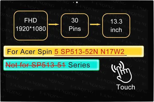 Main image of GBOLE Screen Replacement for Acer Spin 5 SP513-52N-8326 No Bezel 30 pin FHD 1920 * 1080 13.3" LCD Touch Digitizer Assembly