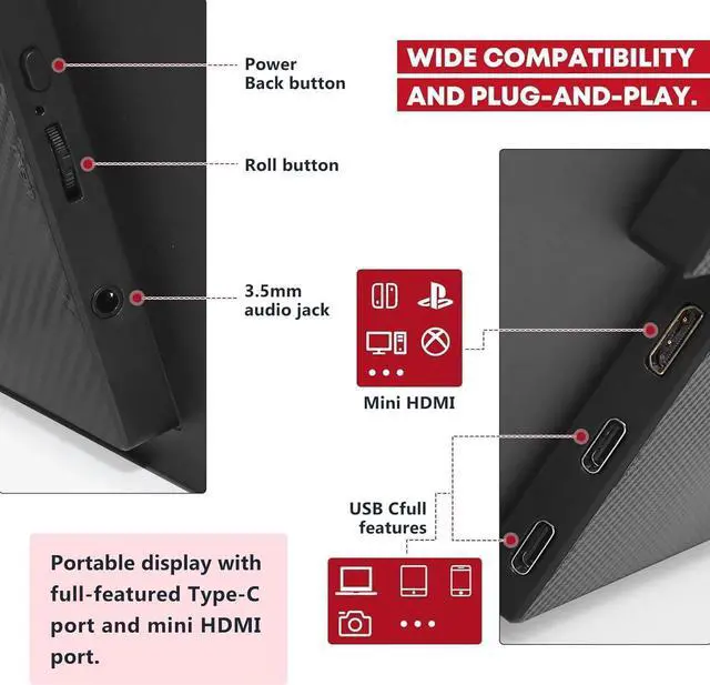 Alt view image 3 of 5 - GBOLE Portable Monitor 18.5 inch 100Hz 100% sRGB FHD 1080P IPS Computer Display Gaming Monitor for Laptop USB C HDMI HDR Travel Monitor with Kickstand for Mac PC Xbox PS4/5 Switch Laptop Monitor