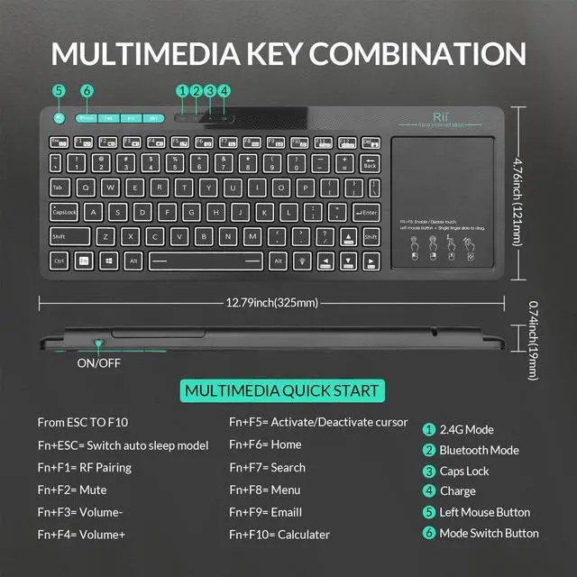 Alt view image 2 of 7 - Rii RT518S Wireless and Bluetooth 2-LED Color Backlit Multimedia Keyboard with Multi-Touch Big Size Trackpad,Rechargable Keyboard
