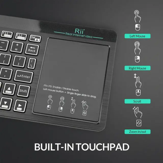 Alt view image 3 of 7 - Rii RT518S Wireless and Bluetooth 2-LED Color Backlit Multimedia Keyboard with Multi-Touch Big Size Trackpad,Rechargable Keyboard