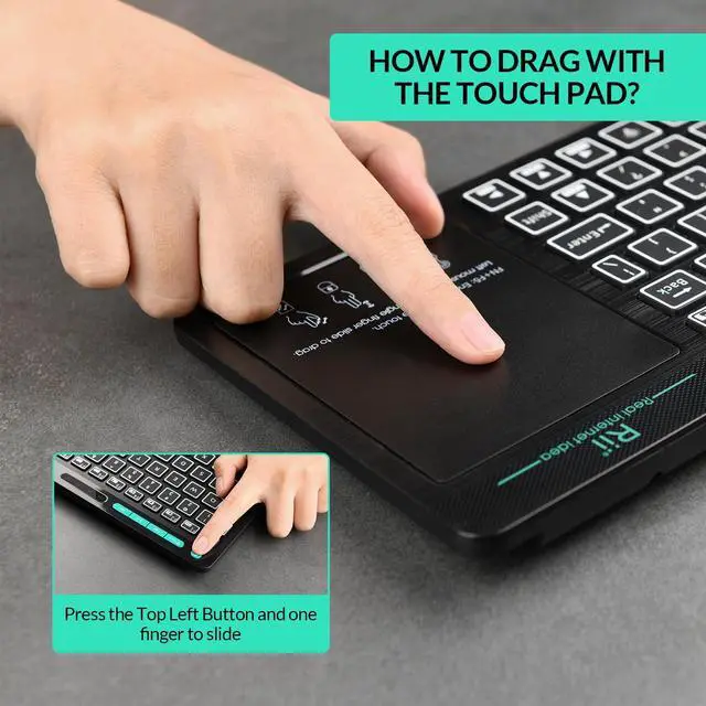 Alt view image 4 of 7 - Rii RT518S Wireless and Bluetooth 2-LED Color Backlit Multimedia Keyboard with Multi-Touch Big Size Trackpad,Rechargable Keyboard