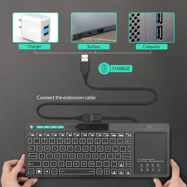 Alt view image 6 of 7 - Rii RT518S Wireless and Bluetooth 2-LED Color Backlit Multimedia Keyboard with Multi-Touch Big Size Trackpad,Rechargable Keyboard