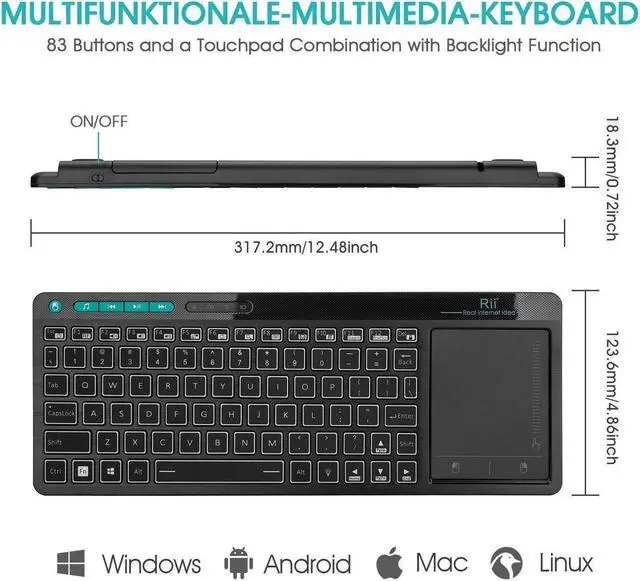 Alt view image 6 of 7 - Rii K18 Plus Wireless 3-LED Color Backlit Multimedia Keyboard with Multi-Touch Big Size Trackpad,Rechargable Keyboard for Android TV Box,PC,Smart TV,Xbox,Raspberry Pi, HTPC IPTV,Windows, MacOS (2.4G)