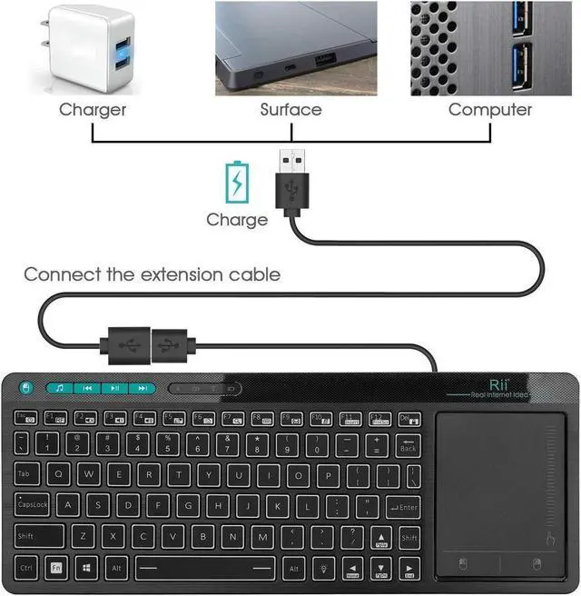 Alt view image 7 of 7 - Rii K18 Plus Wireless 3-LED Color Backlit Multimedia Keyboard with Multi-Touch Big Size Trackpad,Rechargable Keyboard for Android TV Box,PC,Smart TV,Xbox,Raspberry Pi, HTPC IPTV,Windows, MacOS (2.4G)