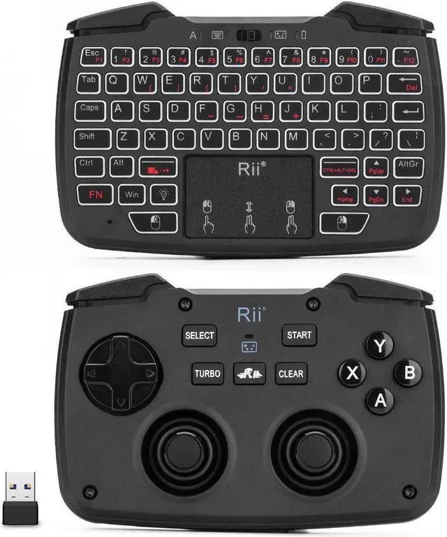 Main image of Rii RK707 3 in 1 Multifunctional 2.4GHz Wireless Portable Game Controller 62-Key Rechargeable Keyboard Mouse Combo Turbo Vibration Function for PC/Raspberry pi2/Android TV Google/TV (Backlit Version)