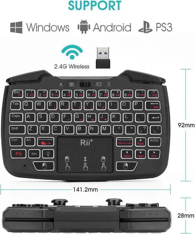 Alt view image 2 of 7 - Rii RK707 3 in 1 Multifunctional 2.4GHz Wireless Portable Game Controller 62-Key Rechargeable Keyboard Mouse Combo Turbo Vibration Function for PC/Raspberry pi2/Android TV Google/TV (Backlit Version)