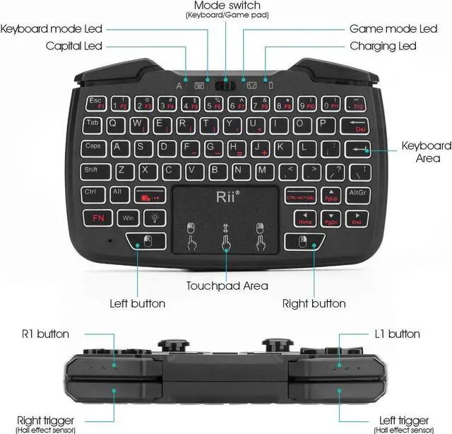 Alt view image 4 of 7 - Rii RK707 3 in 1 Multifunctional 2.4GHz Wireless Portable Game Controller 62-Key Rechargeable Keyboard Mouse Combo Turbo Vibration Function for PC/Raspberry pi2/Android TV Google/TV (Backlit Version)