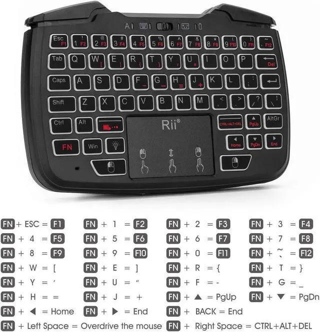 Alt view image 6 of 7 - Rii RK707 3 in 1 Multifunctional 2.4GHz Wireless Portable Game Controller 62-Key Rechargeable Keyboard Mouse Combo Turbo Vibration Function for PC/Raspberry pi2/Android TV Google/TV (Backlit Version)
