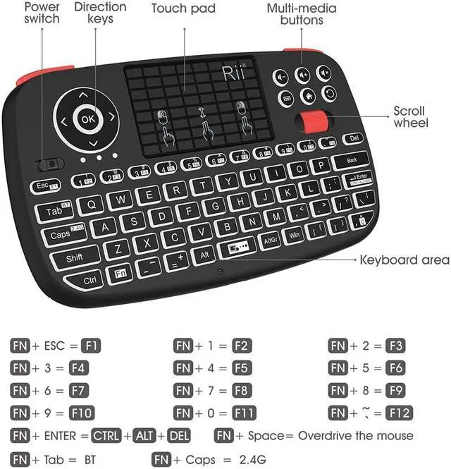 Alt view image 4 of 7 - Rii i4 Mini Bluetooth Keyboard with Touchpad, Blacklit Portable Wireless Keyboard with 2.4G USB