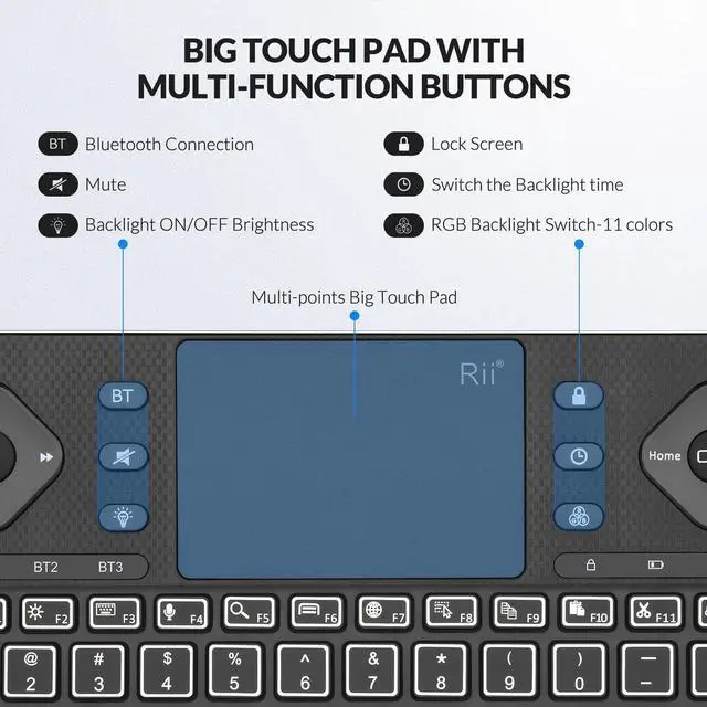 Alt view image 3 of 7 - Rii Bluetooth Keyboard K16,Wireless Keyboard with Big Touch Pad, Rechargeable Keyboard with RGB Backlit,Multi-Device Compact Wireless Keyboard for iPad,Tablet,PC,Laptop,Windows,Android