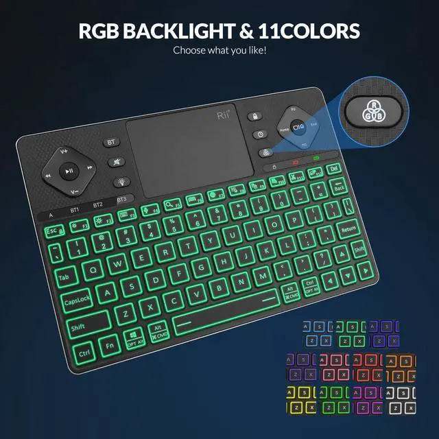 Alt view image 4 of 7 - Rii Bluetooth Keyboard K16,Wireless Keyboard with Big Touch Pad, Rechargeable Keyboard with RGB Backlit,Multi-Device Compact Wireless Keyboard for iPad,Tablet,PC,Laptop,Windows,Android