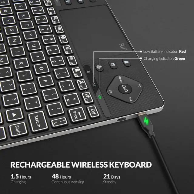 Alt view image 7 of 7 - Rii Bluetooth Keyboard K16,Wireless Keyboard with Big Touch Pad, Rechargeable Keyboard with RGB Backlit,Multi-Device Compact Wireless Keyboard for iPad,Tablet,PC,Laptop,Windows,Android