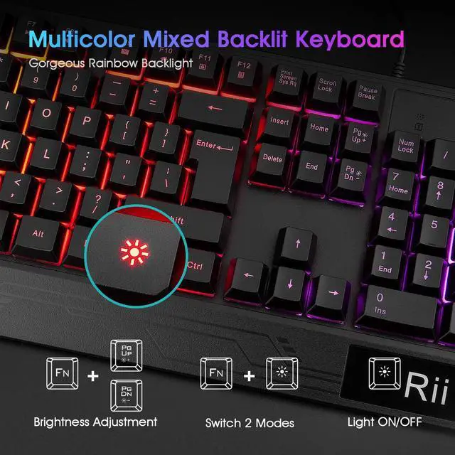 Alt view image 3 of 7 - Rii RK400 RGB Gaming Keyboard and Mouse Combo ,Wired Mechanical Feel 3-LED Backlit Keyboard,104 Keys USB Ergonomic Wrist Rest Keyboard,6 Button RGB Mouse for Windows Gamer Desktop, Computer (Black)