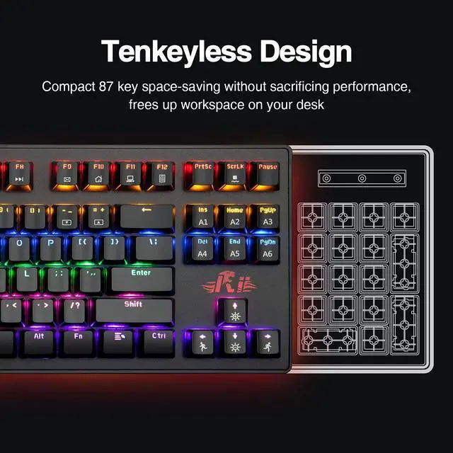 Alt view image 3 of 7 - Rii RK908 Mechanical Gaming Keyboard RGB LED Rainbow Backlit Wired Compact Keyboard with Blue Switches 87 Keys for Windows PC Gaming