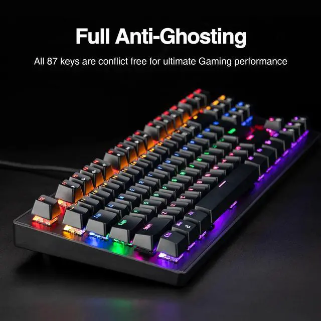 Alt view image 6 of 7 - Rii RK908 Mechanical Gaming Keyboard RGB LED Rainbow Backlit Wired Compact Keyboard with Blue Switches 87 Keys for Windows PC Gaming