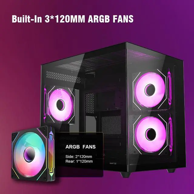 Alt view image 6 of 7 - Ruix OV-502 Black Color Dual USB3.0 Full View Tempered Glass Mid Tower Micro-ATX Gaming Computer Case With 120mm ARGN PWM Fans X3 (Side Reverse X2) Pre-Installed