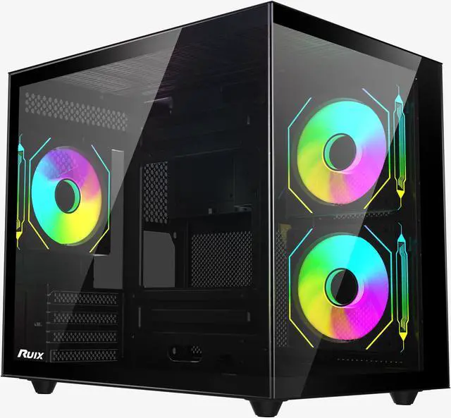 Alt view image 7 of 7 - Ruix OV-502 Black Color Dual USB3.0 Full View Tempered Glass Mid Tower Micro-ATX Gaming Computer Case With 120mm ARGN PWM Fans X3 (Side Reverse X2) Pre-Installed
