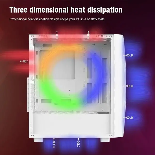 Alt view image 3 of 7 - Ruix CV203 ATX Computer Gaming PC Case Mid Tower White With 4 Fans Fixed Rainbow 120mm Pre-Installed,Tempered Glass Side Panel USB3.0 Perfect Air Vent