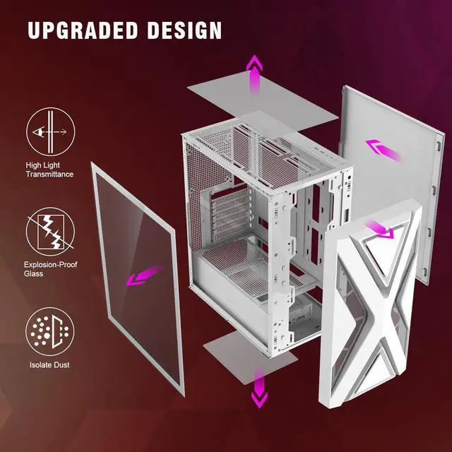 Alt view image 7 of 7 - Ruix CV203 ATX Computer Gaming PC Case Mid Tower White With 4 Fans Fixed Rainbow 120mm Pre-Installed,Tempered Glass Side Panel USB3.0 Perfect Air Vent