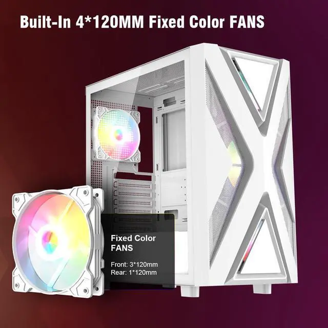 Alt view image 4 of 7 - Ruix CV203 ATX Computer Gaming PC Case Mid Tower White With 4 Fans Fixed Rainbow 120mm Pre-Installed,Tempered Glass Side Panel USB3.0 Perfect Air Vent