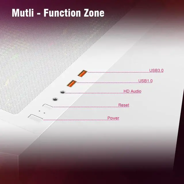 Alt view image 5 of 7 - Ruix CV203 ATX Computer Gaming PC Case Mid Tower White With 4 Fans Fixed Rainbow 120mm Pre-Installed,Tempered Glass Side Panel USB3.0 Perfect Air Vent
