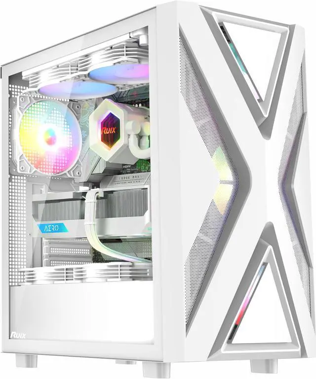 Alt view image 2 of 7 - Ruix CV203 ATX Computer Gaming PC Case Mid Tower White With 4 Fans Fixed Rainbow 120mm Pre-Installed,Tempered Glass Side Panel USB3.0 Perfect Air Vent