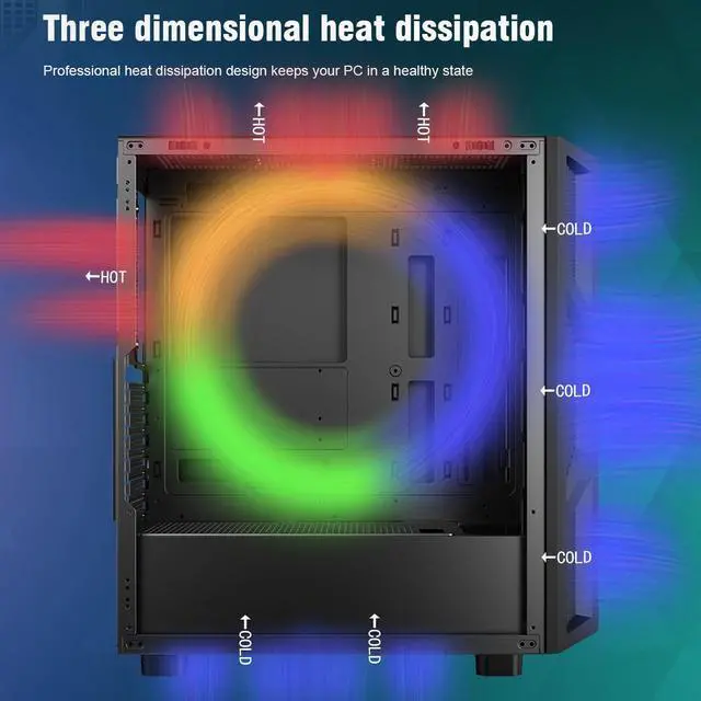 Alt view image 3 of 7 - Ruix CV103 Black Color USB3.0 Tempered Glass Side Panel With Mesh Front Panel Mid Tower ATX Gaming Computer Case With Fixed Rainbow Fans X4 Pre-installed With Mesh
