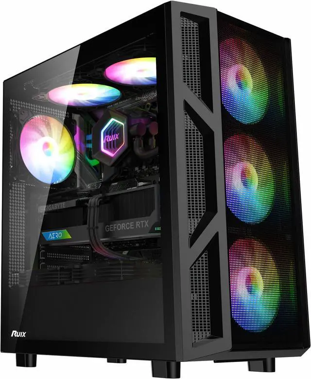 Alt view image 2 of 7 - Ruix CV103 Black Color USB3.0 Tempered Glass Side Panel With Mesh Front Panel Mid Tower ATX Gaming Computer Case With Fixed Rainbow Fans X4 Pre-installed With Mesh