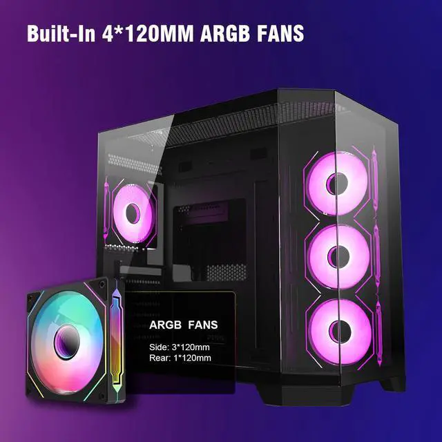 Alt view image 2 of 7 - Ruix OV303 Black Color ATX Mid Tower Computer Case,With 4 ARGB PWM Fans Pre-Installed, Type-C USB 3.0, Tempered Glass Side Panel And Front Panel Gaming Case