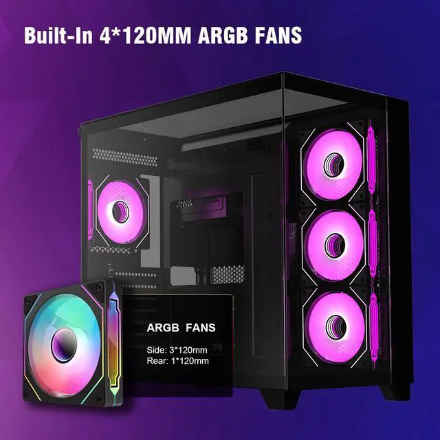 Alt view image 3 of 7 - RUIX OV403 | ATX Computer Case | 4*120mm Prism ARGB PWM Fans | Full View Case Tower | Gaming PC Case | USB 3.0 | Type C (Black)