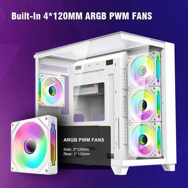 Alt view image 6 of 7 - RUIX OV403 | ATX Computer Case | 4 * 120mm Prism ARGB PWM Fans | Full View Case Tower | Gaming PC Case | USB 3.0 | Type C (White)