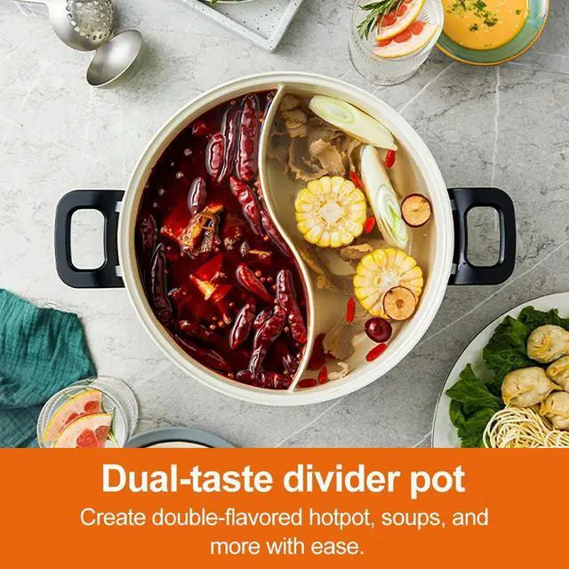 Alt view image 4 of 7 - Joydeem 2 in 1 Electric Hot Pot, 3.5L Shabu Shabu Pot with Two Removable Pot, Ceramic Non-stick Coating, 1400W, JD-HG3706W