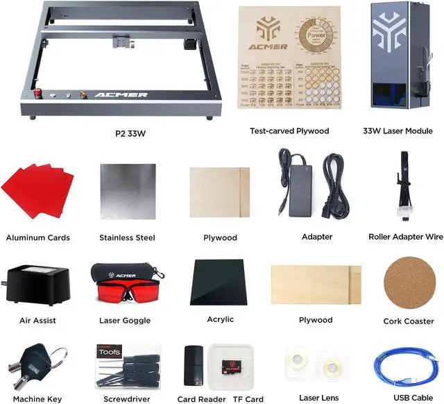 Alt view image 7 of 7 - ACMER P2 Laser Engraver, 33W Output Laser Cutter, 180W Laser Engraving Machine, CNC Laser Cutter and Engraver Machine for Stainless Steel, Wood, Metal, Acrylic, Leather
