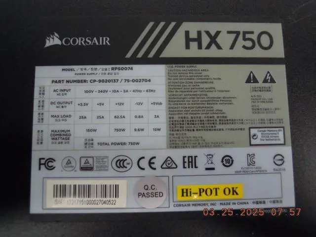 Alt view image 6 of 7 - Corsair HX Series - HX750 ATX12V v2.4 EPS 2.92 Standards AC Power Supply 750 Watt 80 Plus Gold Certified Modular PSU Model RPS0074 P/N: CP-9020137
