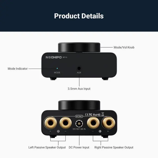 Alt view image 6 of 7 - Neohipo BP10 Mini Bluetooth Amplifier for Passive Speakers & Bass Shakers Home Audio Receiver & Amplifier