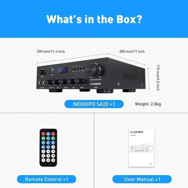 Alt view image 7 of 7 - Neohipo SA20 Stereo Receiver & Amplifier Home Audio Bluetooth Amp, Bluetooth 5.0, 500Wx2, 2.1 Channel