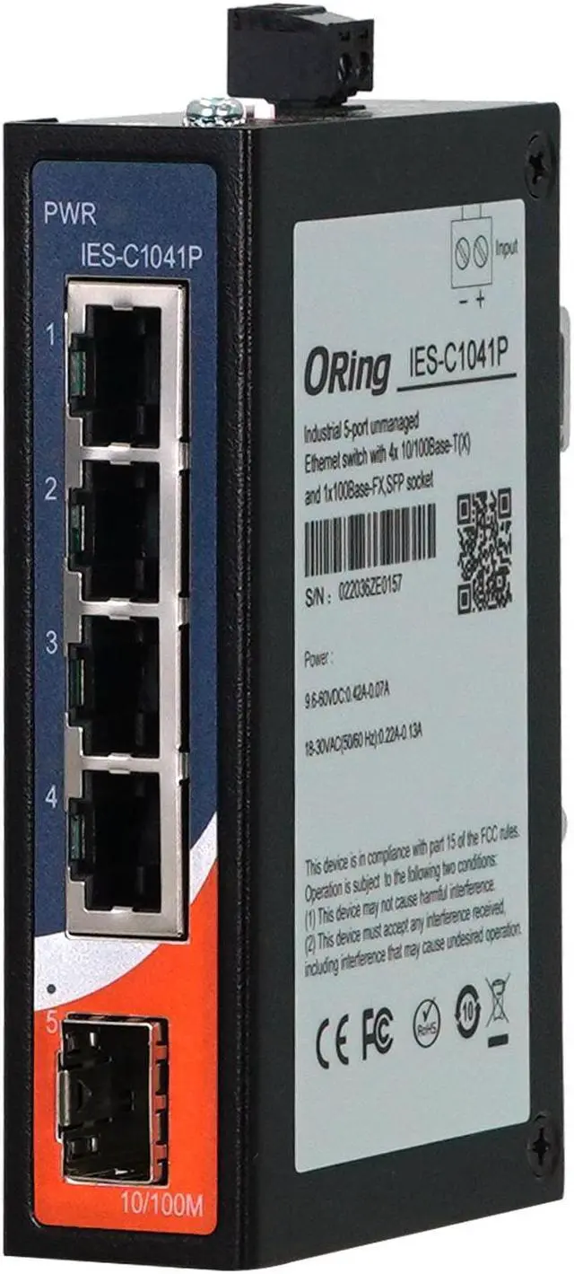 Main image of ORing IES-C1041P | Industrial 5-Port Unmanaged Fast Ethernet Switch, 4FE +1FX SFP Socket