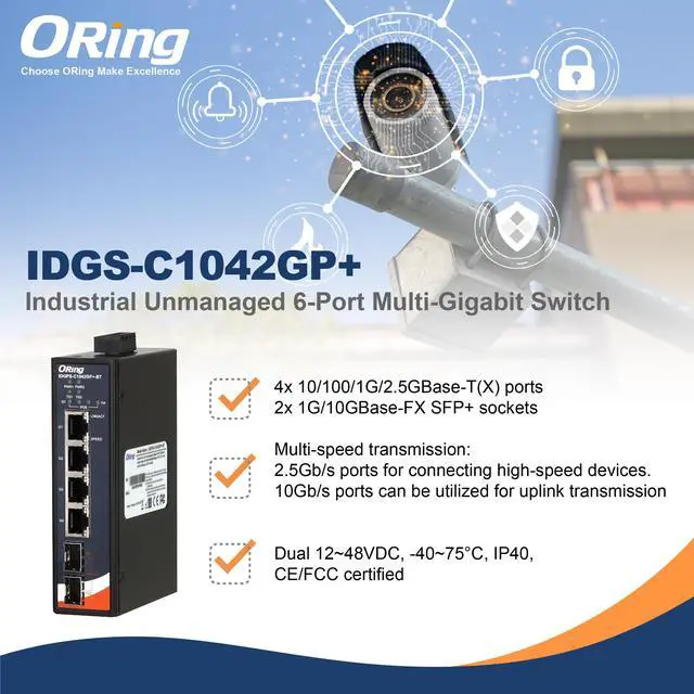 Alt view image 3 of 5 - ORing IDGS-C1042GP+ - Industrial Unmanaged 2.5G High Speed Ethernet Switch