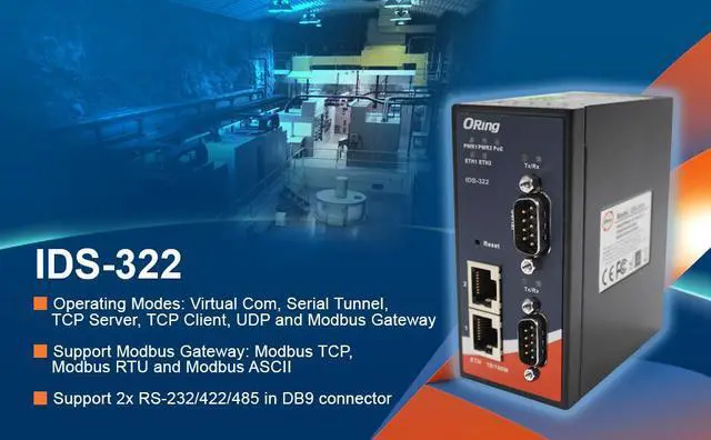 Alt view image 2 of 4 - ORing IDS-322, Serial-to-Ethernet Modbus Gateway, 2 10/100 Ethernet, 2 RS232/422/485