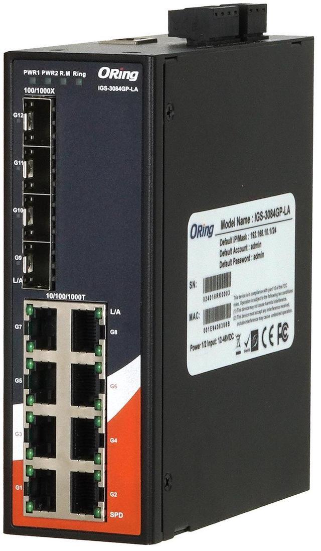 Main image of ORing IGS-3084GP-LA 12-port Managed Gigabit Ethernet Switch, 8 GE + 4 SFP Slots, VLAN, QOS, LACP