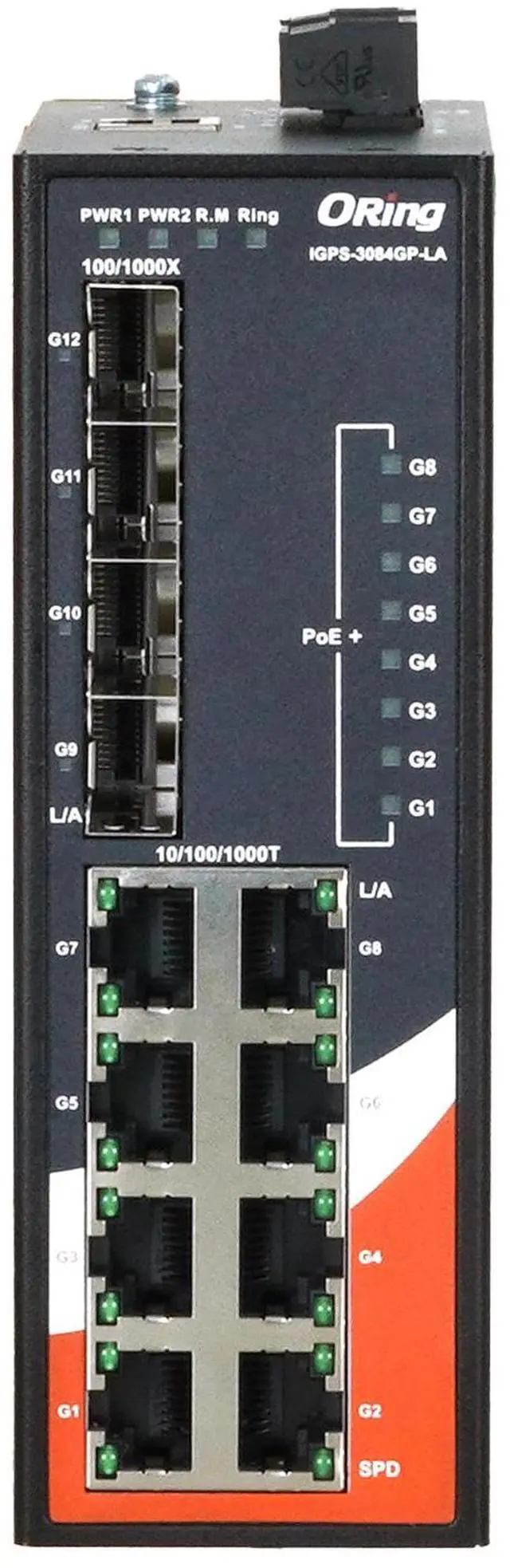 Alt view image 2 of 3 - ORing IGPS-3084GP-LA 12-Port Gigabit Managed PoE+ Switch, 8 GE PoE, 4 SFP Slots, IEEE802.3af/at, VLAN, QOS, LACP