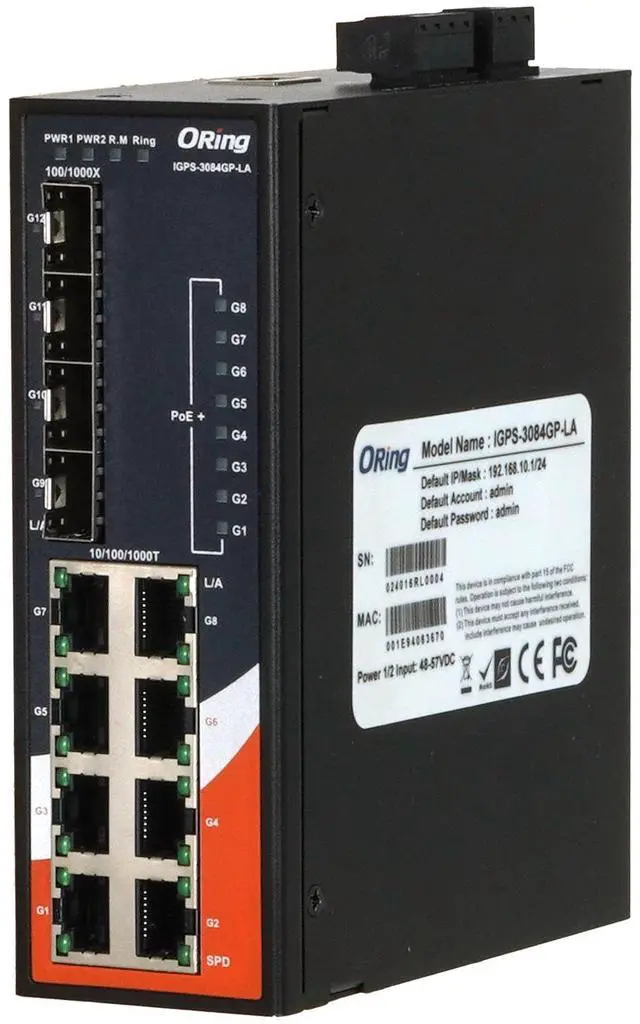 Main image of ORing IGPS-3084GP-LA 12-Port Gigabit Managed PoE+ Switch, 8 GE PoE, 4 SFP Slots, IEEE802.3af/at, VLAN, QOS, LACP