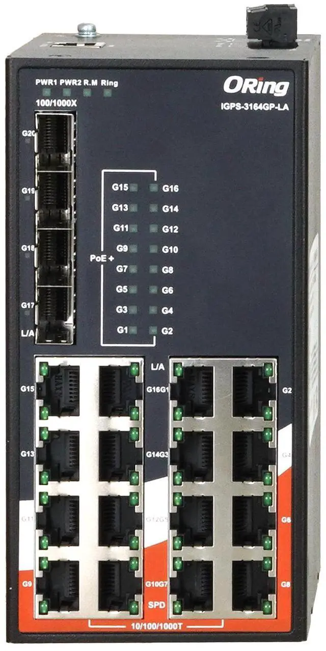 Alt view image 2 of 3 - ORing IGPS-3164GP-LA 20-Port Gigabit Managed PoE Switch, 16 GE PoE+, 4 SFP Slots, IEEE802.3af/at, VLAN, QOS, LACP
