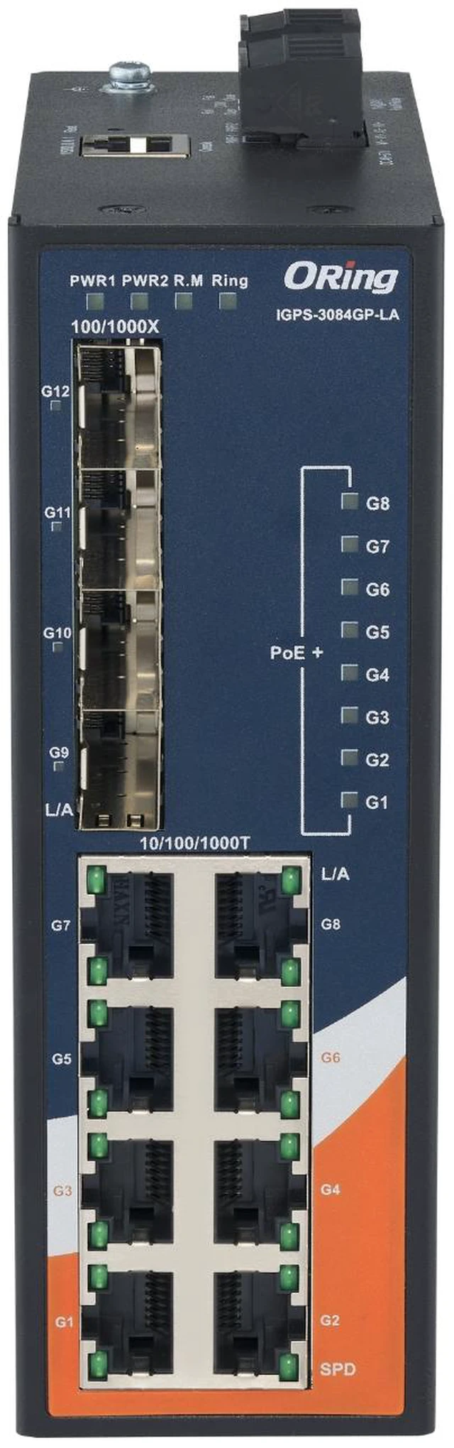 Alt view image 2 of 4 - ORing IGPS-3084GP-LA 12-Port Gigabit Managed PoE+ Switch, 8 GE PoE, 4 SFP Slots, IEEE802.3af/at, VLAN, QOS, LACP