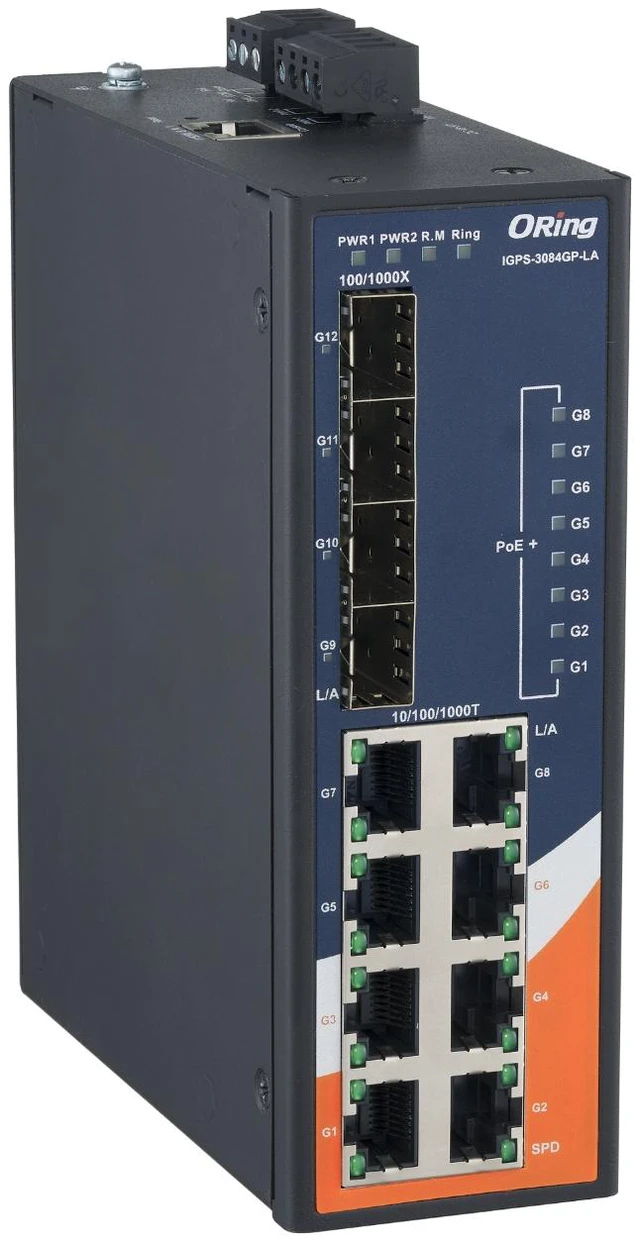 Main image of ORing IGPS-3084GP-LA 12-Port Gigabit Managed PoE+ Switch, 8 GE PoE, 4 SFP Slots, IEEE802.3af/at, VLAN, QOS, LACP