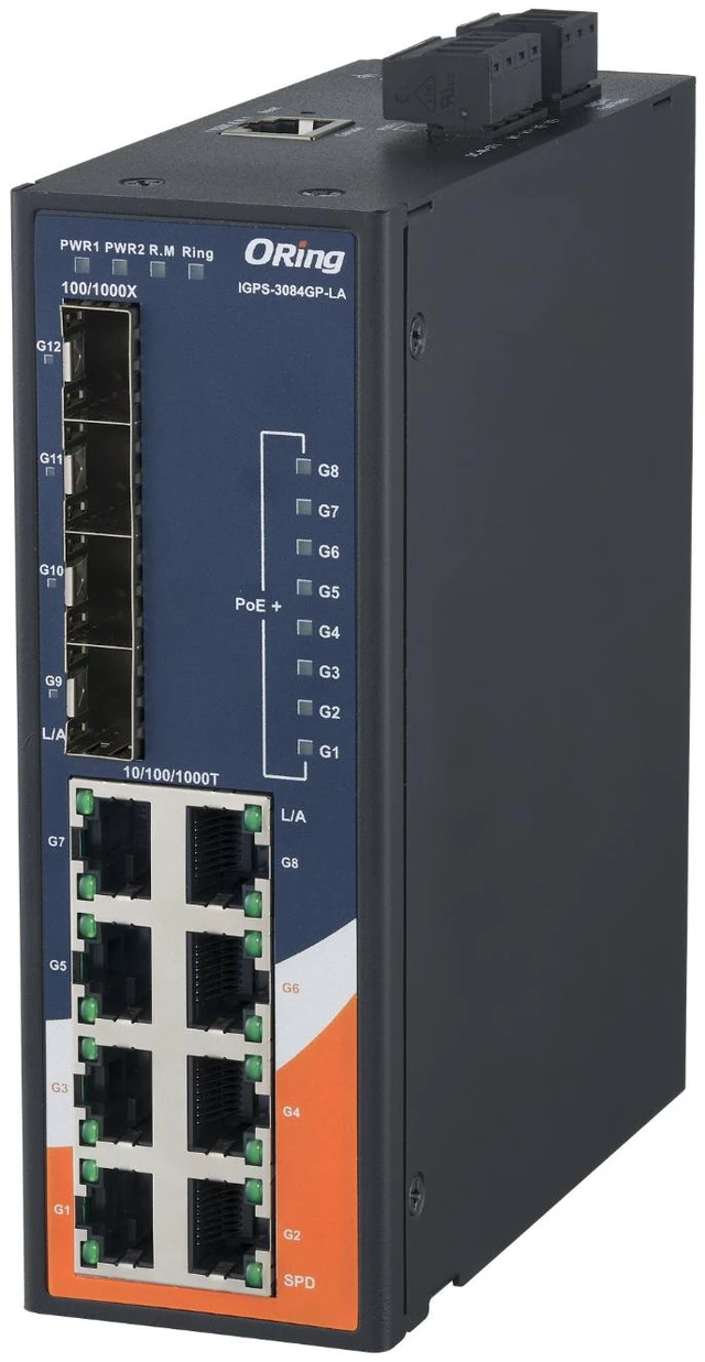 Alt view image 3 of 4 - ORing IGPS-3084GP-LA 12-Port Gigabit Managed PoE+ Switch, 8 GE PoE, 4 SFP Slots, IEEE802.3af/at, VLAN, QOS, LACP